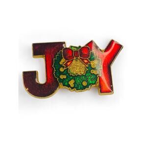 1980 "Joy" Holiday Brooch Pin Resin Multicolor 1.5 Inch